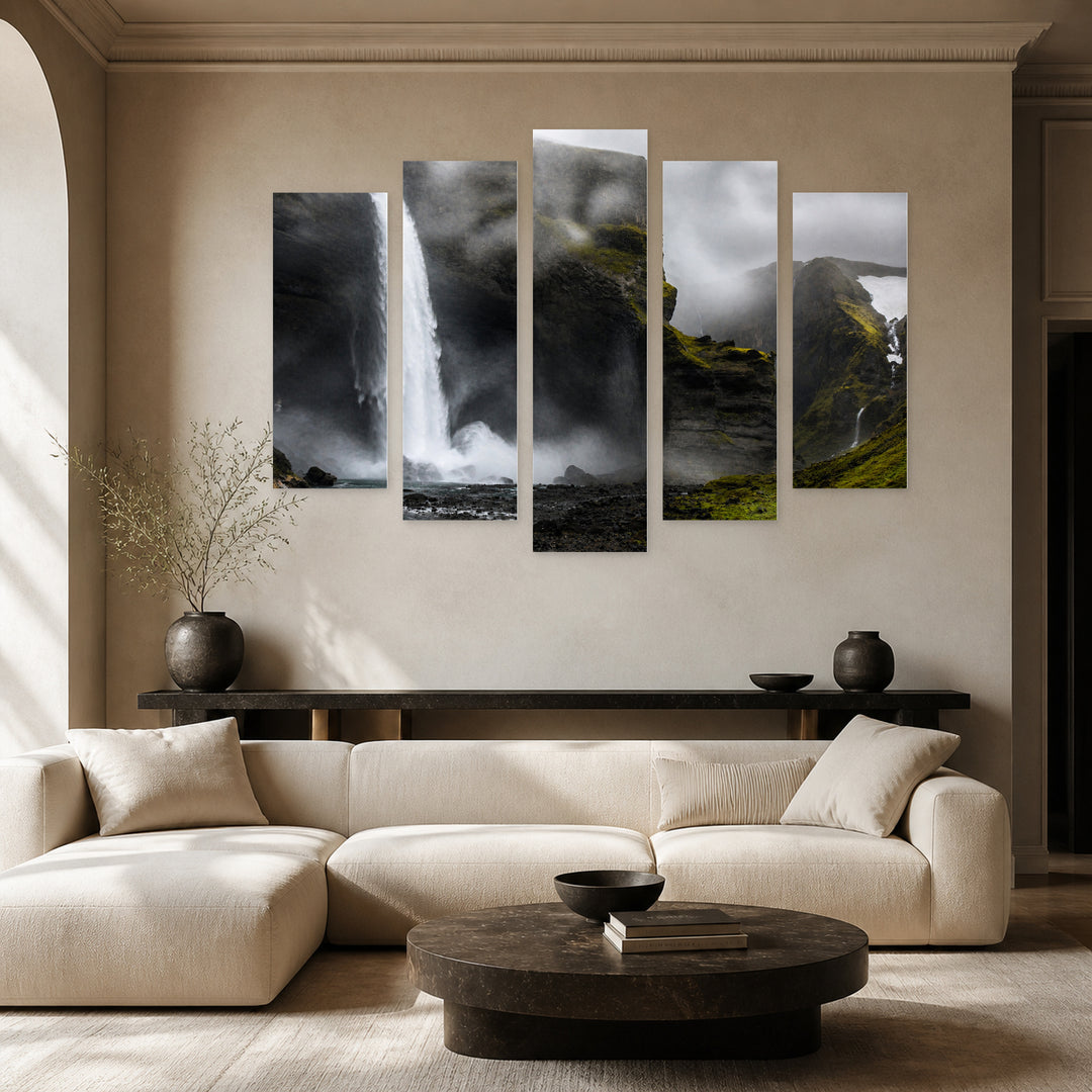 Stormy Waterfall with Dramatic Contrast — five-panel wall art in alternate frontal interior | 5wallart 55426 M4