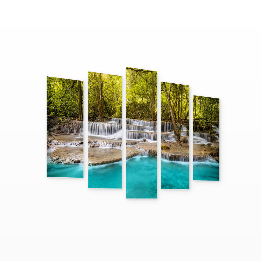 Turquoise Waterfalls in Serene Light — five-panel wall art on white background in perspective | 5wallart 55428 M1