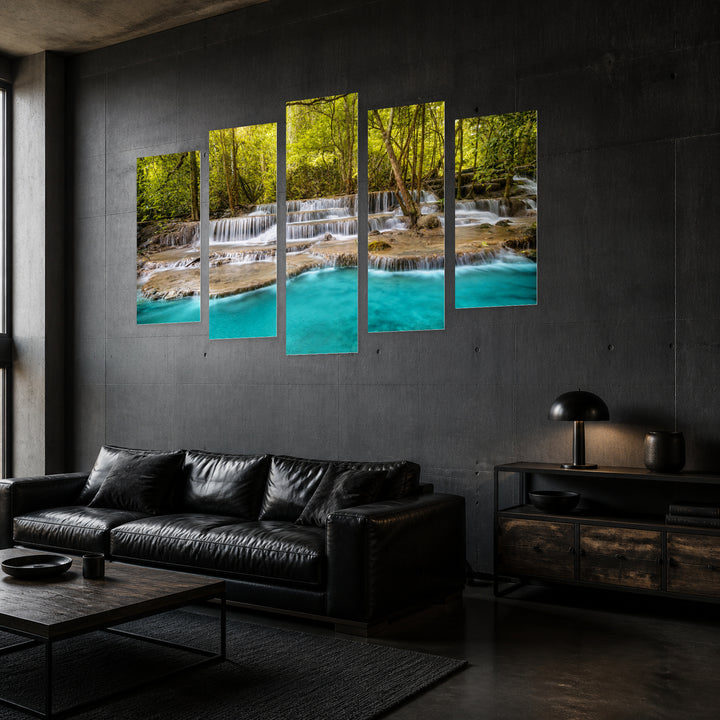 Turquoise Waterfalls in Serene Light — five-panel wall art in perspective interior | 5wallart 55428 M2