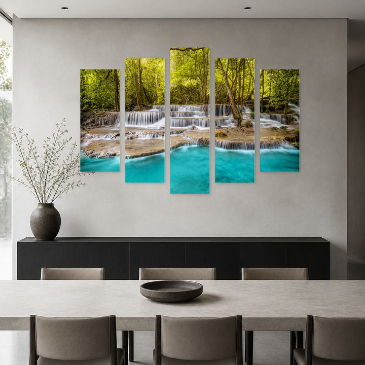 Turquoise Waterfalls in Serene Light — five-panel wall art in frontal interior | 5wallart 55428 M3