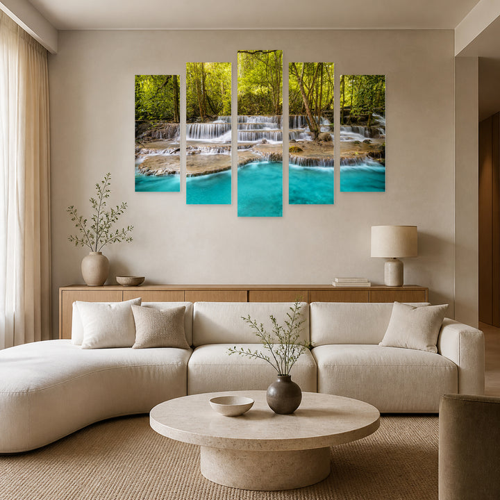 Turquoise Waterfalls in Serene Light — five-panel wall art in alternate frontal interior | 5wallart 55428 M4