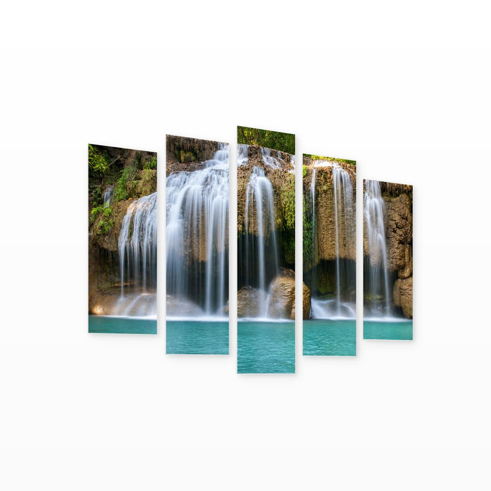 Waterfalls and Rocks in Serene Light — five-panel wall art on white background in perspective | 5wallart 55429 M1