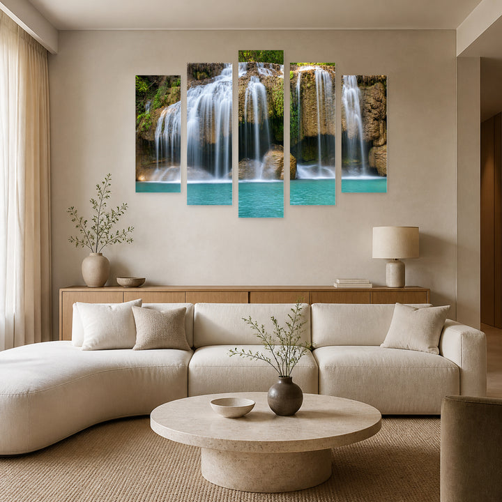 Waterfalls and Rocks in Serene Light — five-panel wall art in frontal interior | 5wallart 55429 M3