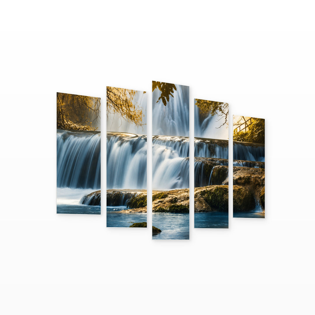Waterfalls in the Forest in Blue and Gold — five-panel wall art on white background in perspective | 5wallart 55430 M1