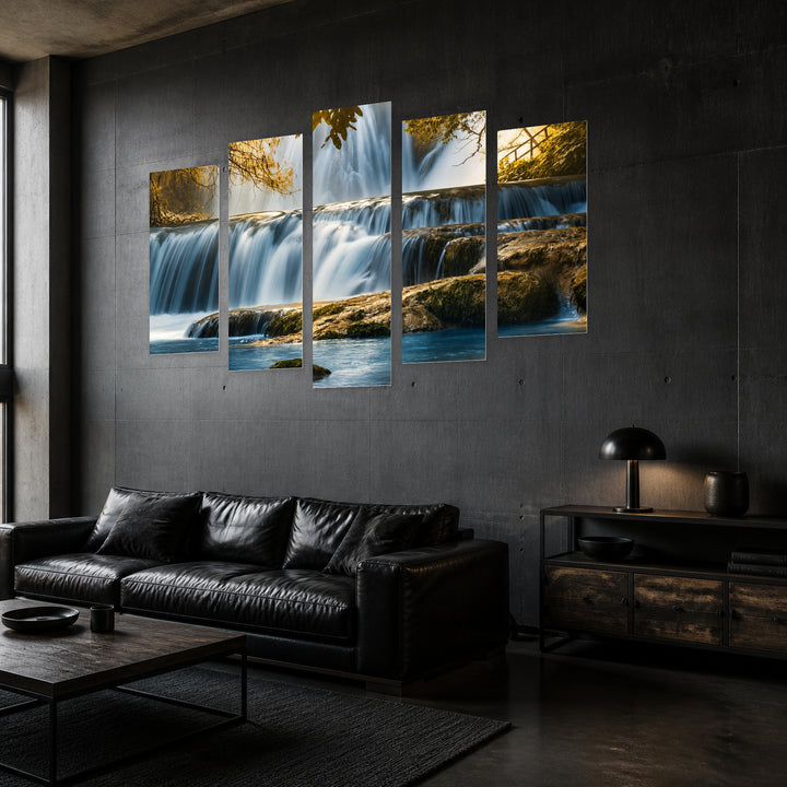 Waterfalls in the Forest in Blue and Gold — five-panel wall art in perspective interior | 5wallart 55430 M2