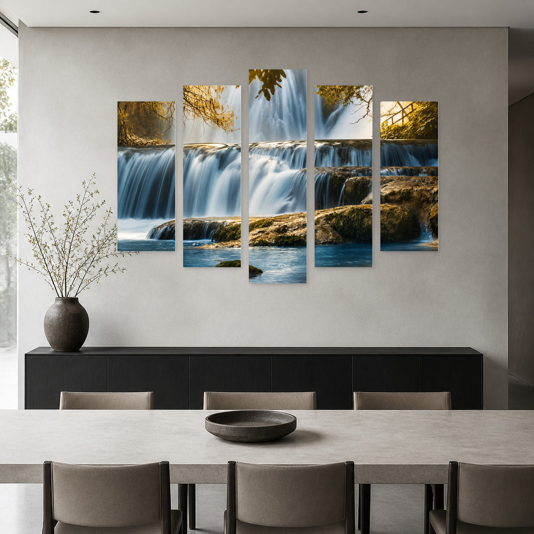 Waterfalls in the Forest in Blue and Gold — five-panel wall art in frontal interior | 5wallart 55430 M3