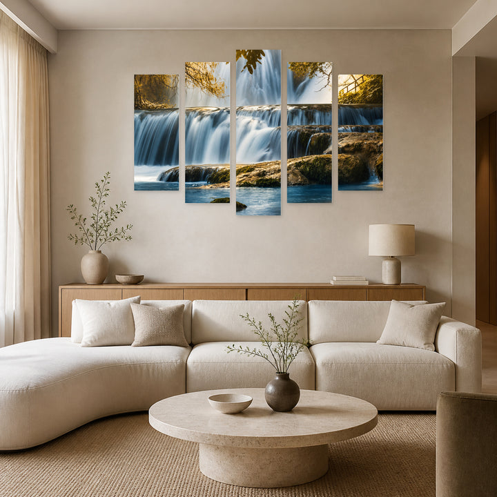 Waterfalls in the Forest in Blue and Gold — five-panel wall art in alternate frontal interior | 5wallart 55430 M4