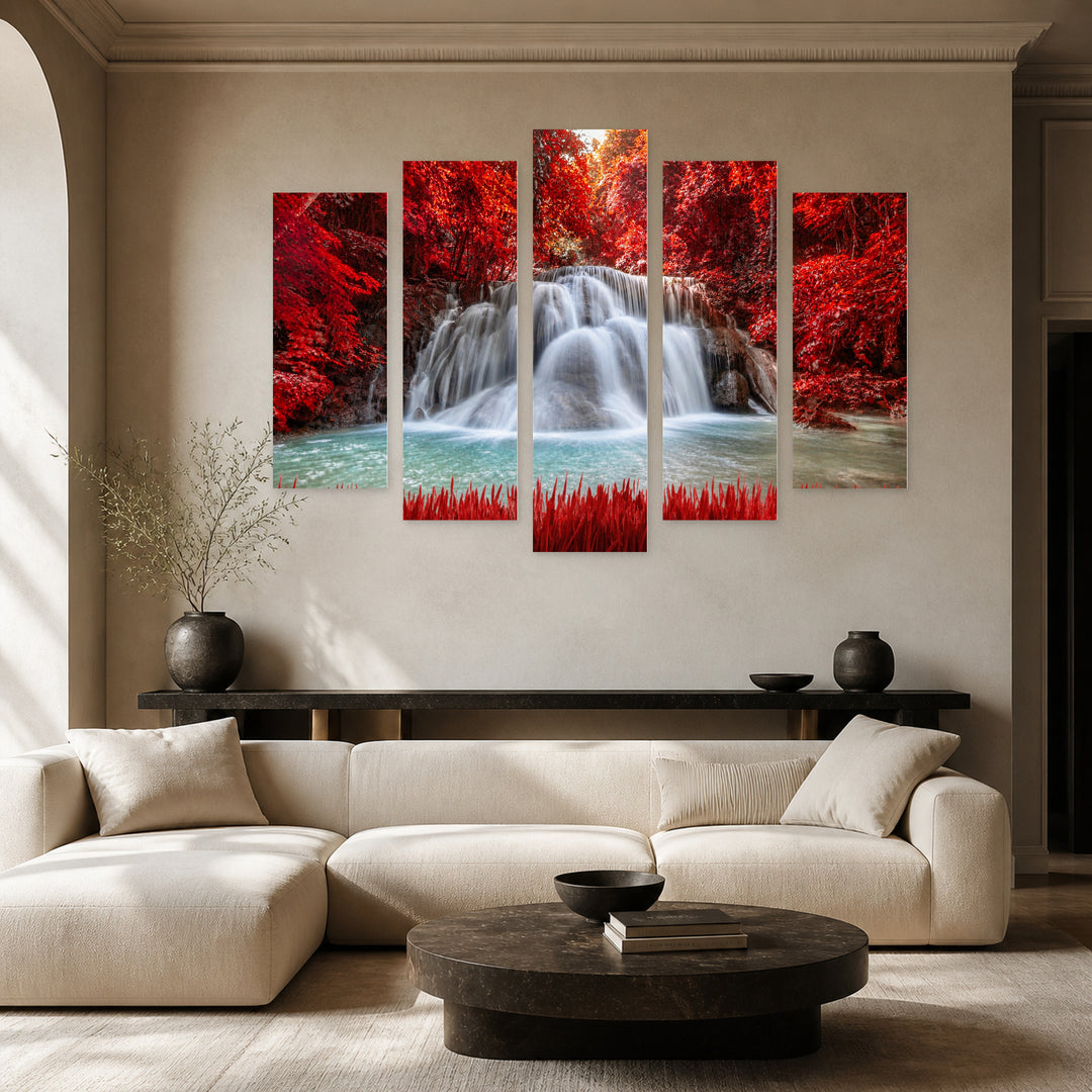 Red Magic in Vivid Color — five-panel wall art in frontal interior | 5wallart 55431 M3