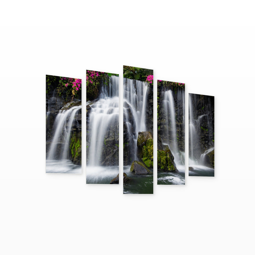 Tropical Waterfall Landscape Study — five-panel wall art on white background in perspective | 5wallart 55432 M1