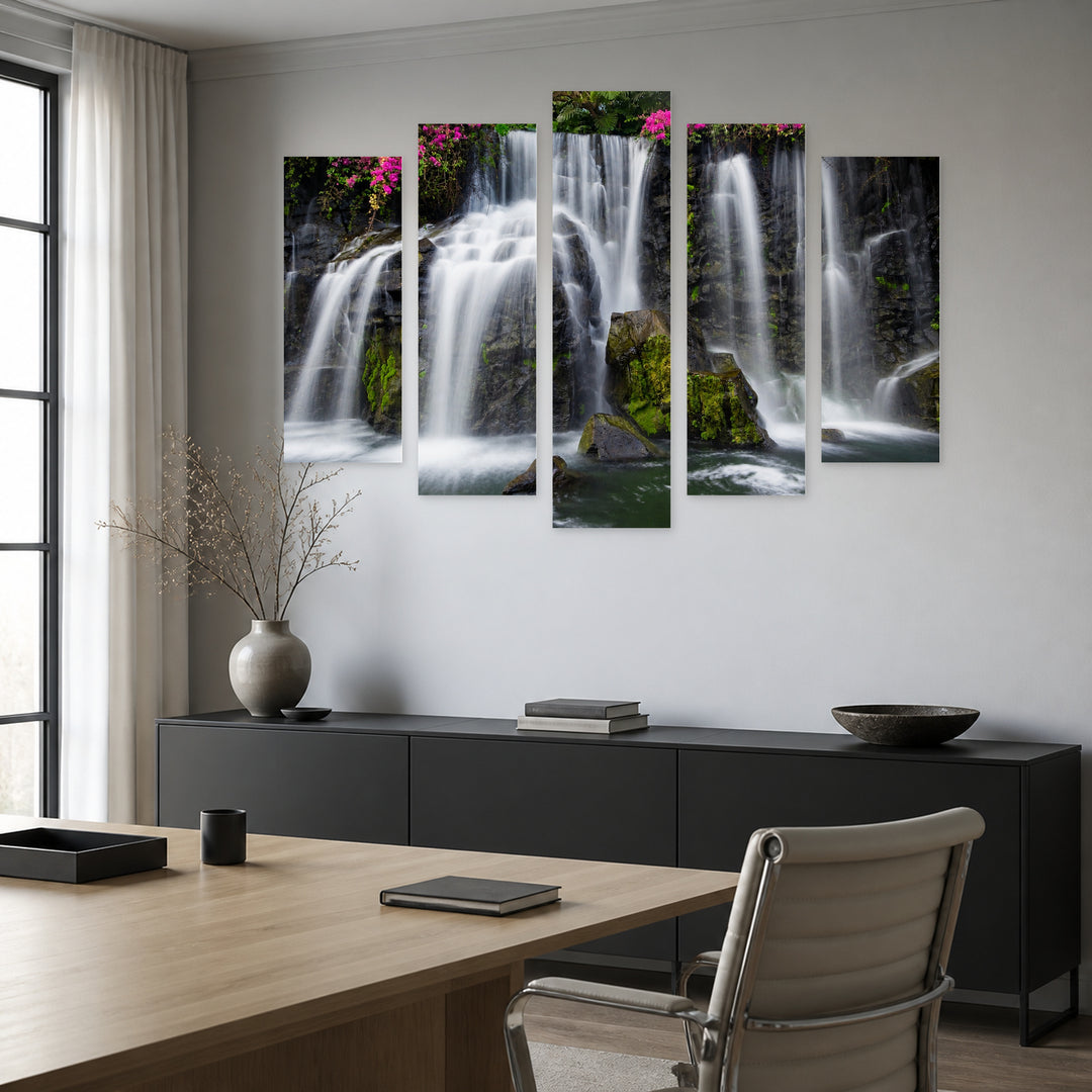Tropical Waterfall Landscape Study — five-panel wall art in frontal interior | 5wallart 55432 M3