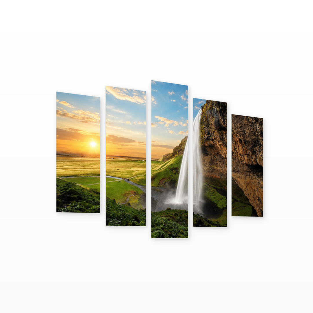 Magical Waterfall View in Serene Light — five-panel wall art on white background in perspective | 5wallart 55433 M1