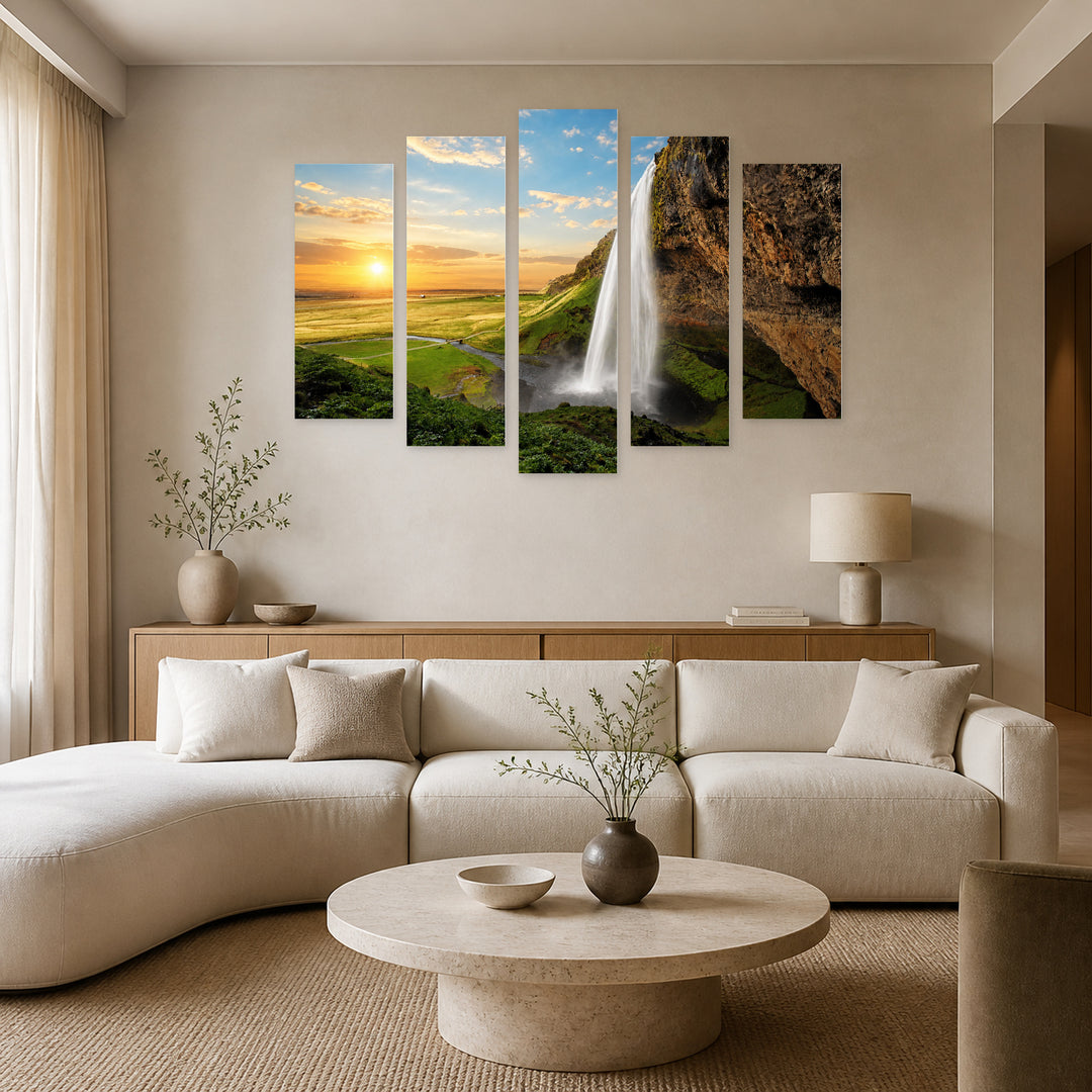 Magical Waterfall View in Serene Light — five-panel wall art in frontal interior | 5wallart 55433 M3
