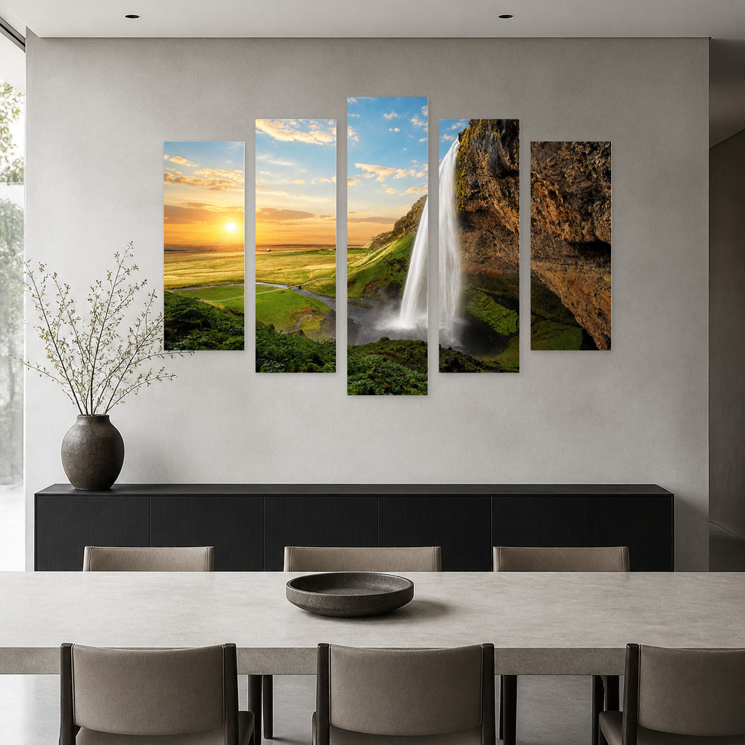 Magical Waterfall View in Serene Light — five-panel wall art in alternate frontal interior | 5wallart 55433 M4