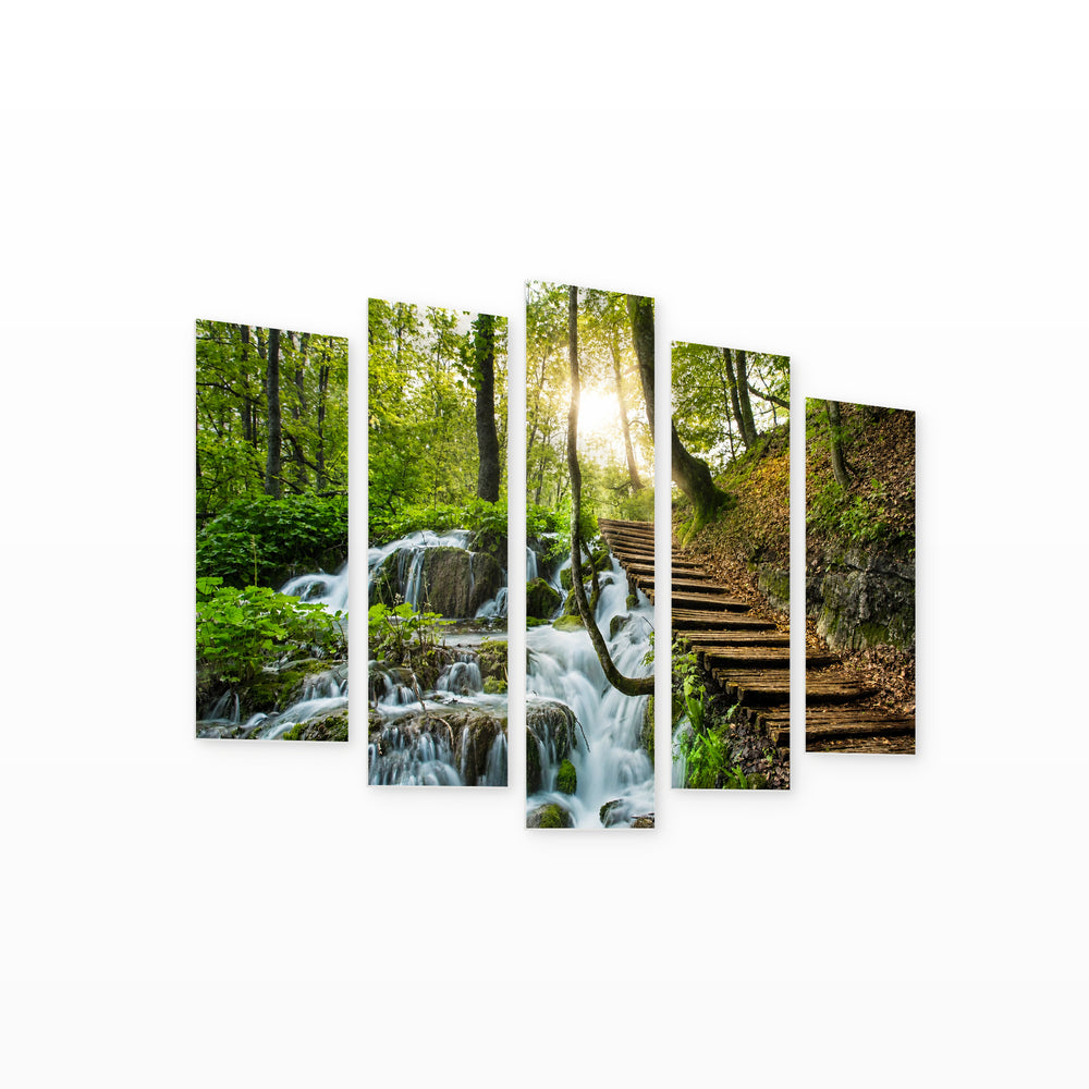 Forest Idyll in Serene Light — five-panel wall art on white background in perspective | 5wallart 55434 M1