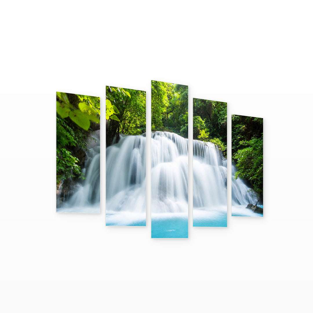 Majestic Waterfall View in Serene Light — five-panel wall art on white background in perspective | 5wallart 55435 M1