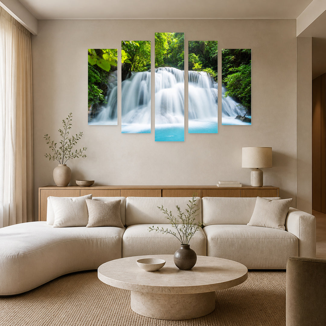 Majestic Waterfall View in Serene Light — five-panel wall art in frontal interior | 5wallart 55435 M3