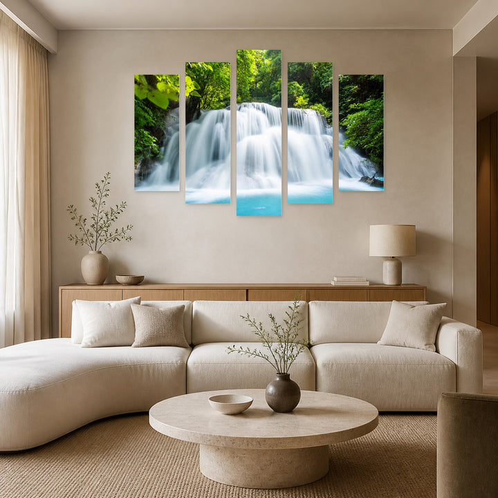 Majestic Waterfall View in Serene Light — five-panel wall art in frontal interior | 5wallart 55435 M3