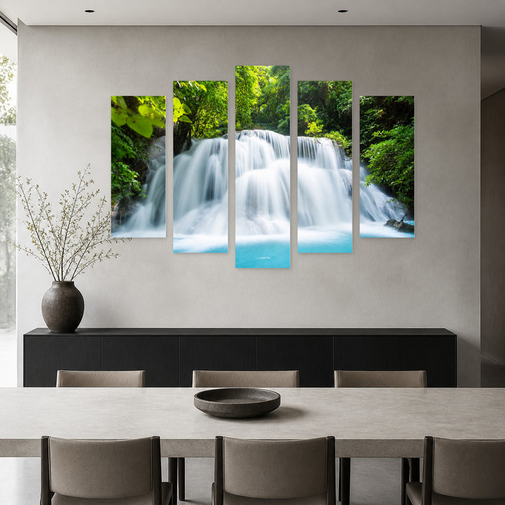 Majestic Waterfall View in Serene Light — five-panel wall art in alternate frontal interior | 5wallart 55435 M4