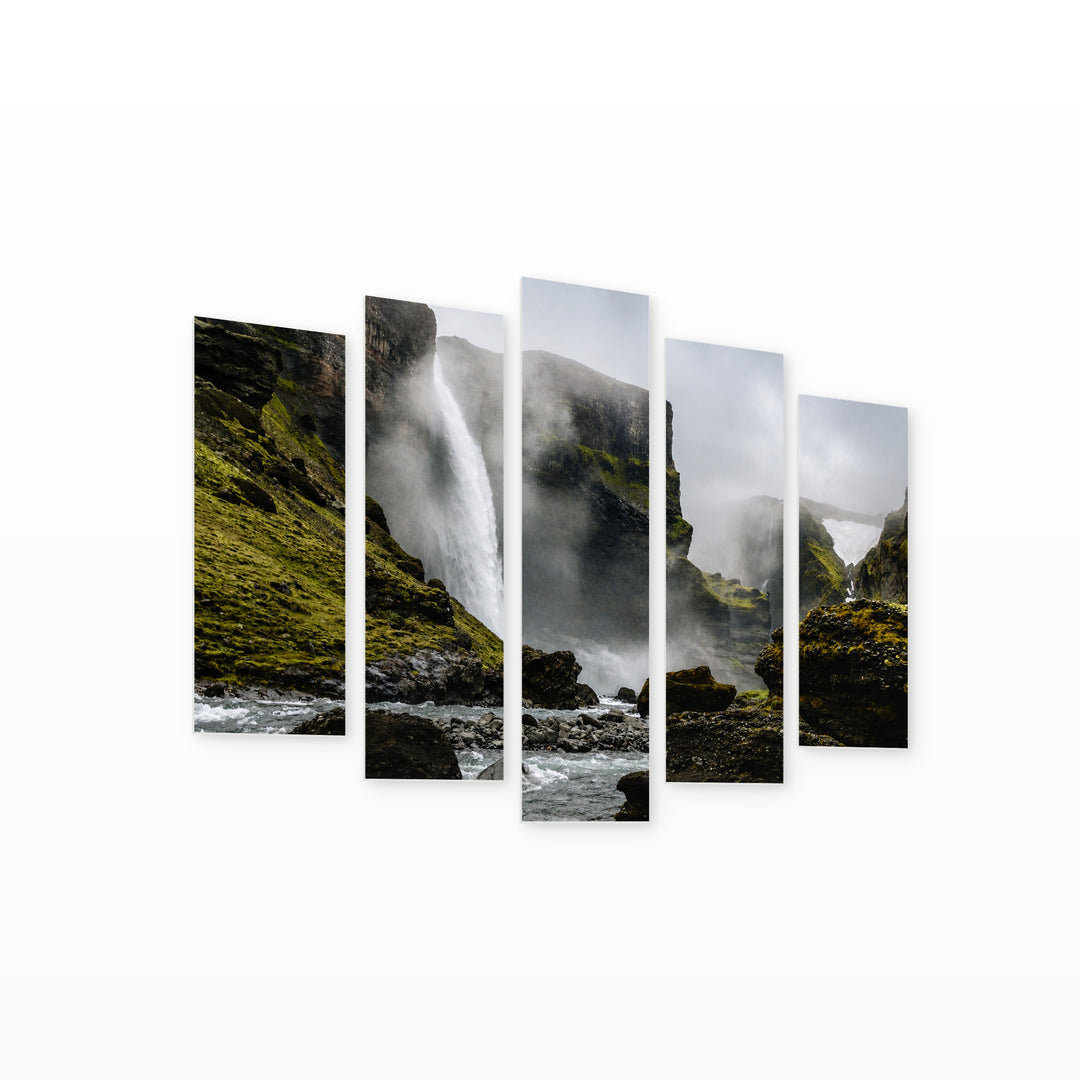 Waterfall Landscape on a Foggy Day — five-panel wall art on white background in perspective | 5wallart 55436 M1
