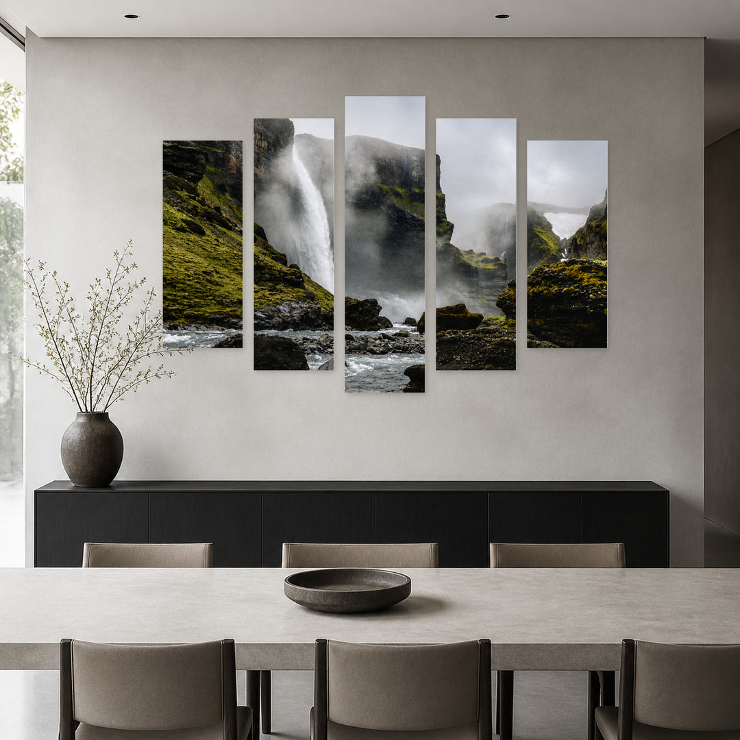 Waterfall Landscape on a Foggy Day — five-panel wall art in frontal interior | 5wallart 55436 M3