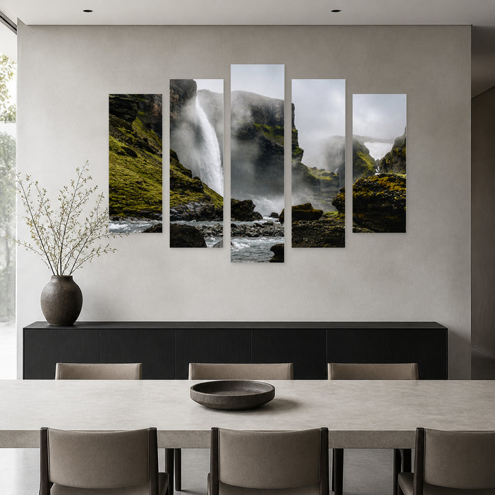 Waterfall Landscape on a Foggy Day — five-panel wall art in frontal interior | 5wallart 55436 M3