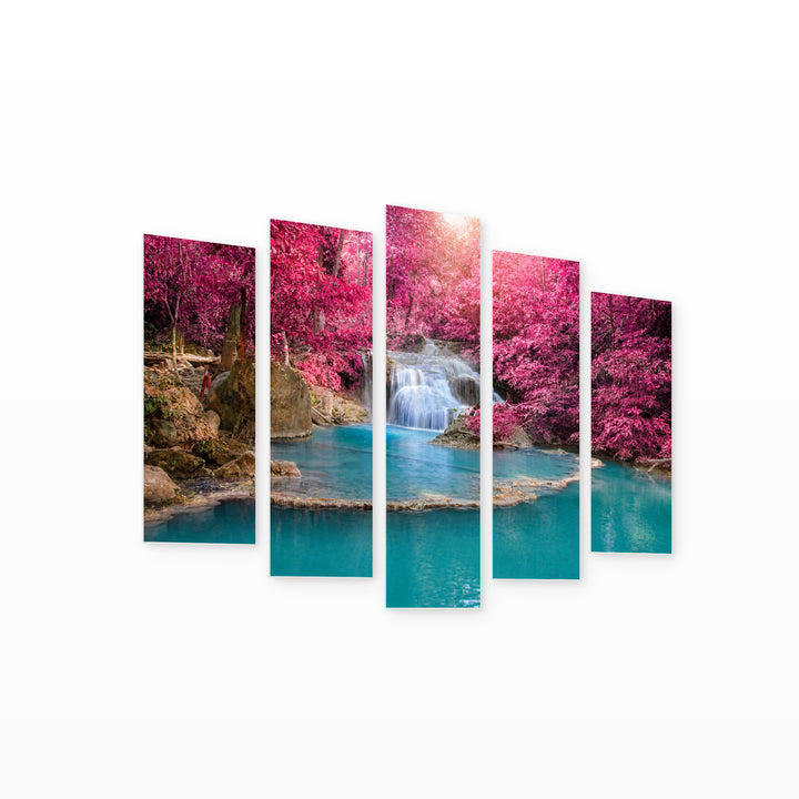 Waterfall in a Pink Forest with Geometric Rhythm — five-panel wall art on white background in perspective | 5wallart 55437 M1
