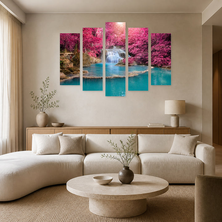 Waterfall in a Pink Forest with Geometric Rhythm — five-panel wall art in frontal interior | 5wallart 55437 M3