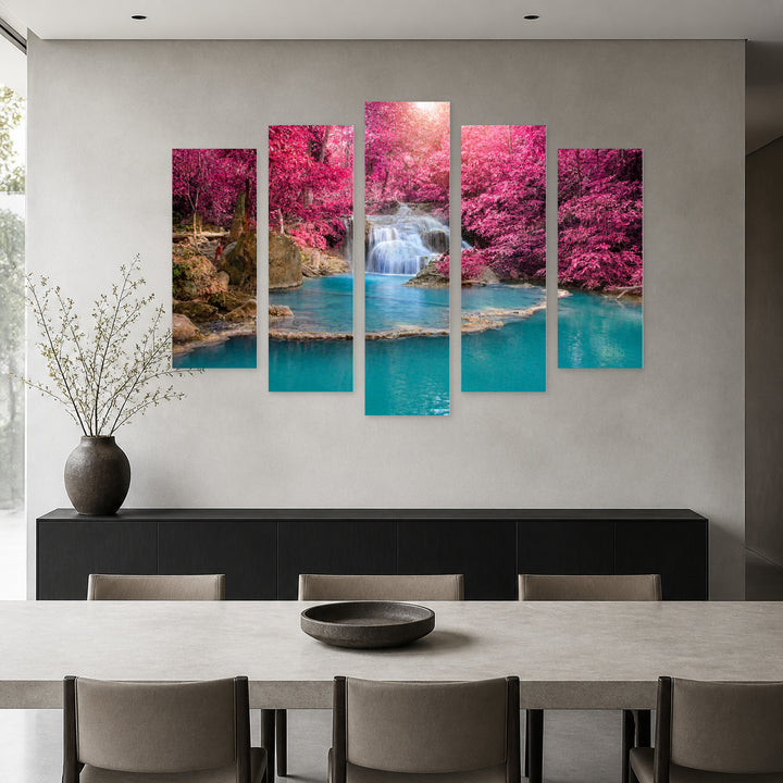 Waterfall in a Pink Forest with Geometric Rhythm — five-panel wall art in alternate frontal interior | 5wallart 55437 M4