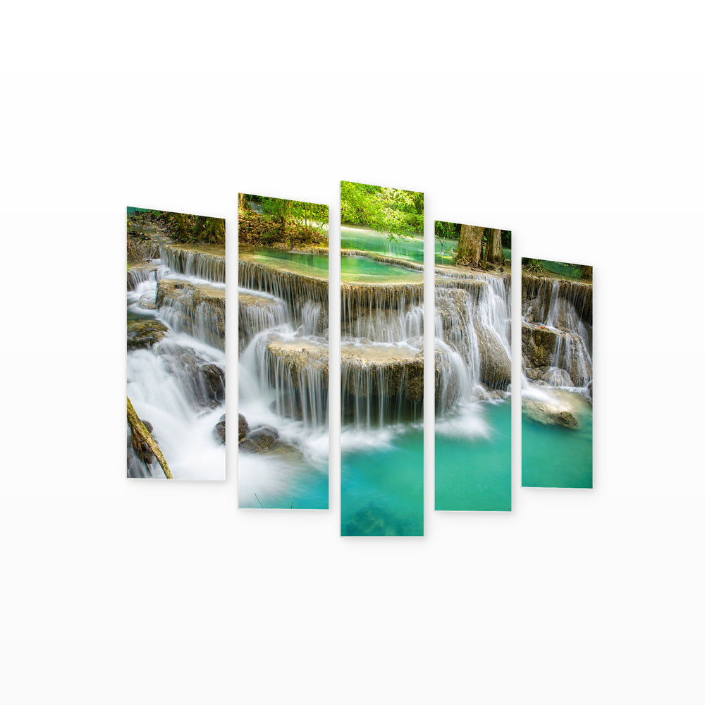 Waterfall Views in Serene Light — five-panel wall art on white background in perspective | 5wallart 55438 M1