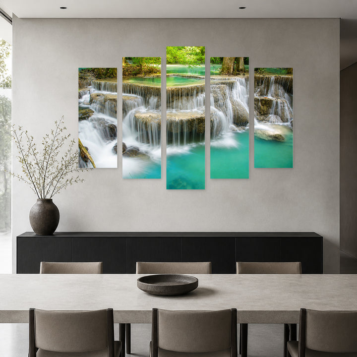 Waterfall Views in Serene Light — five-panel wall art in frontal interior | 5wallart 55438 M3