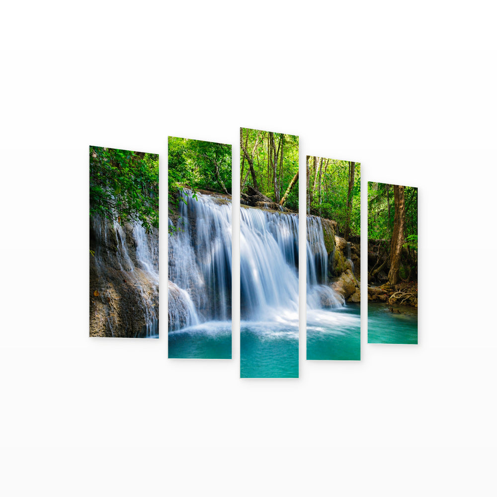 Deep Forest Waterfalls in Vivid Color — five-panel wall art on white background in perspective | 5wallart 55440 M1