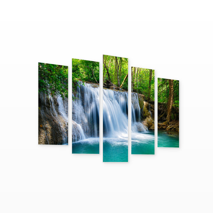 Deep Forest Waterfalls in Vivid Color — five-panel wall art on white background in perspective | 5wallart 55440 M1