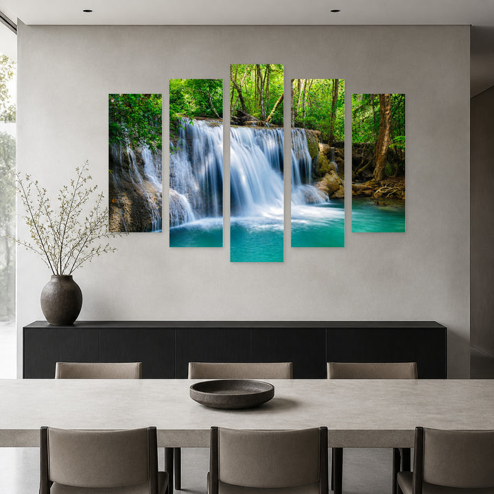 Deep Forest Waterfalls in Vivid Color — five-panel wall art in frontal interior | 5wallart 55440 M3