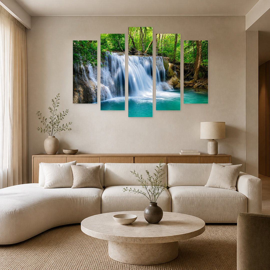 Deep Forest Waterfalls in Vivid Color — five-panel wall art in alternate frontal interior | 5wallart 55440 M4