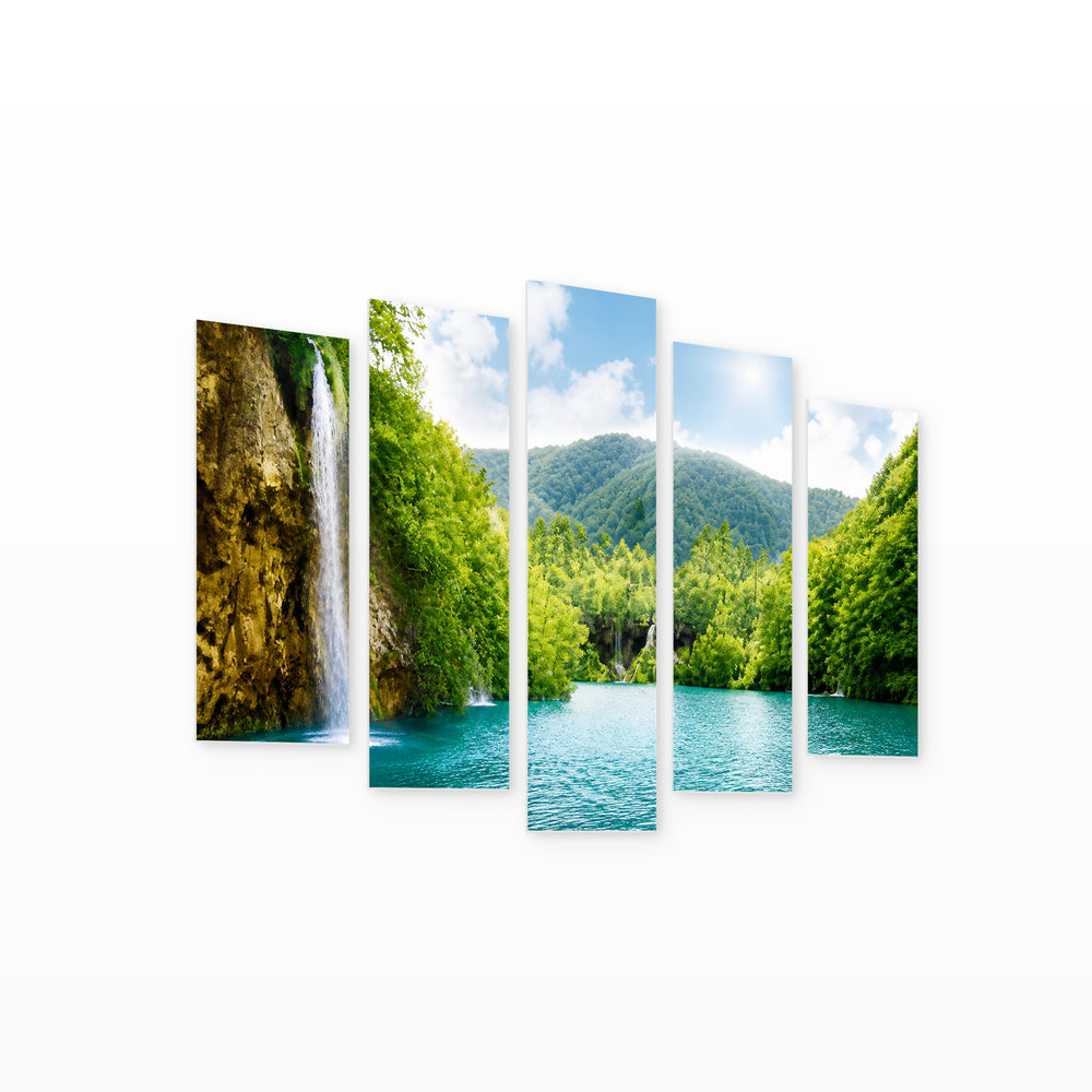 Waterfalls in the Forest with Dreamlike Atmosphere — five-panel wall art on white background in perspective | 5wallart 55441 M1