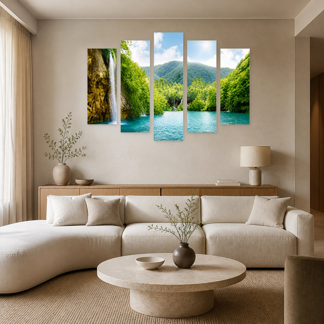 Waterfalls in the Forest with Dreamlike Atmosphere — five-panel wall art in frontal interior | 5wallart 55441 M3