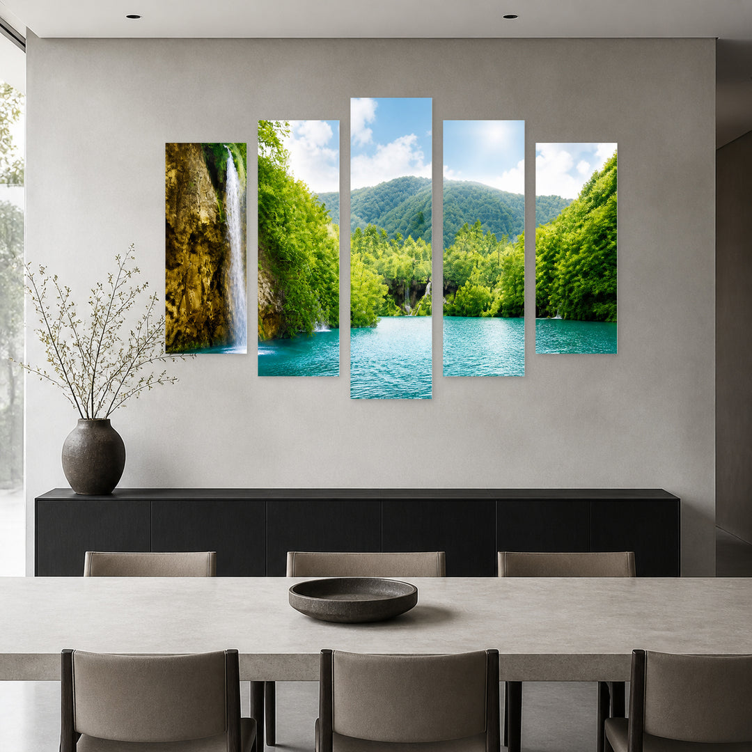 Waterfalls in the Forest with Dreamlike Atmosphere — five-panel wall art in alternate frontal interior | 5wallart 55441 M4