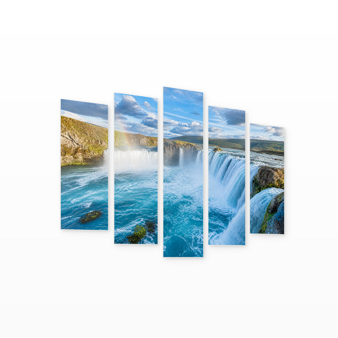 Turquoise Waterfalls with a Rainbow Landscape Study — five-panel wall art on white background in perspective | 5wallart 55442 M1