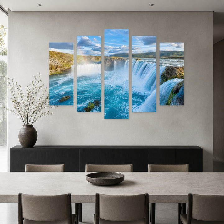 Turquoise Waterfalls with a Rainbow Landscape Study — five-panel wall art in frontal interior | 5wallart 55442 M3