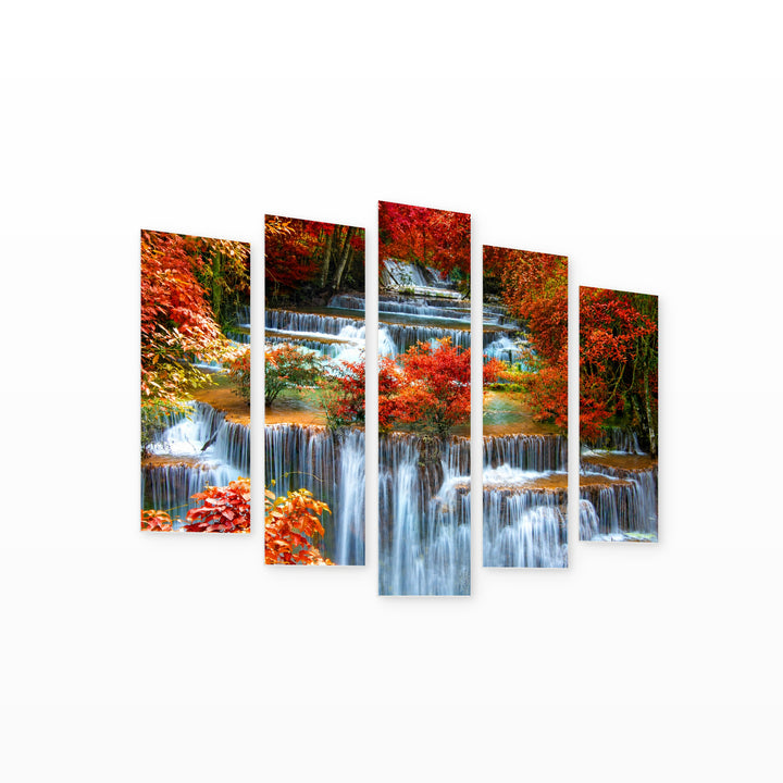 Waterfall in a Colorful Jungle Landscape Study — five-panel wall art on white background in perspective | 5wallart 55443 M1
