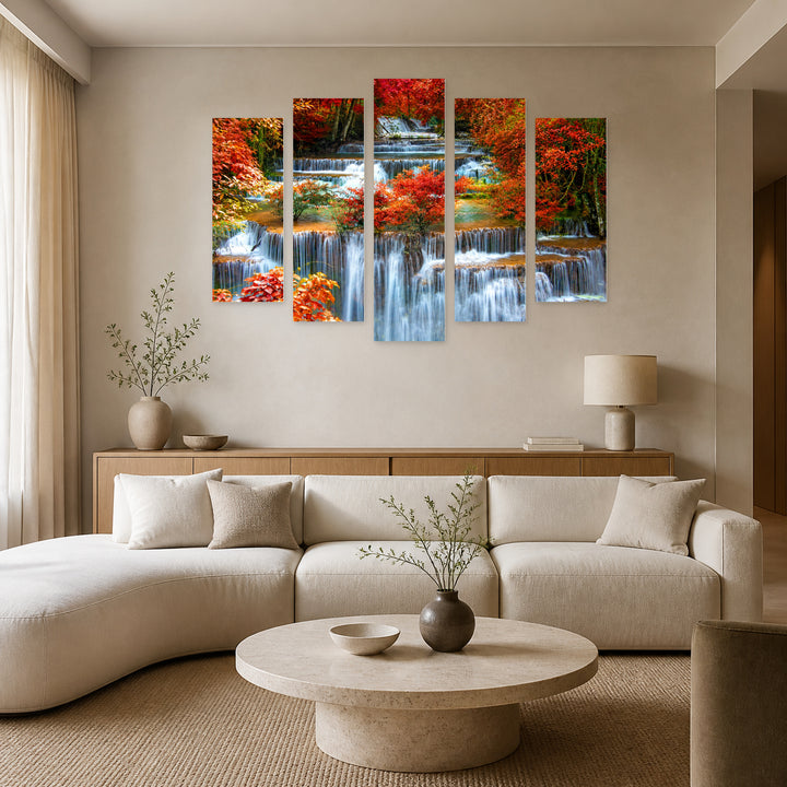 Waterfall in a Colorful Jungle Landscape Study — five-panel wall art in frontal interior | 5wallart 55443 M3