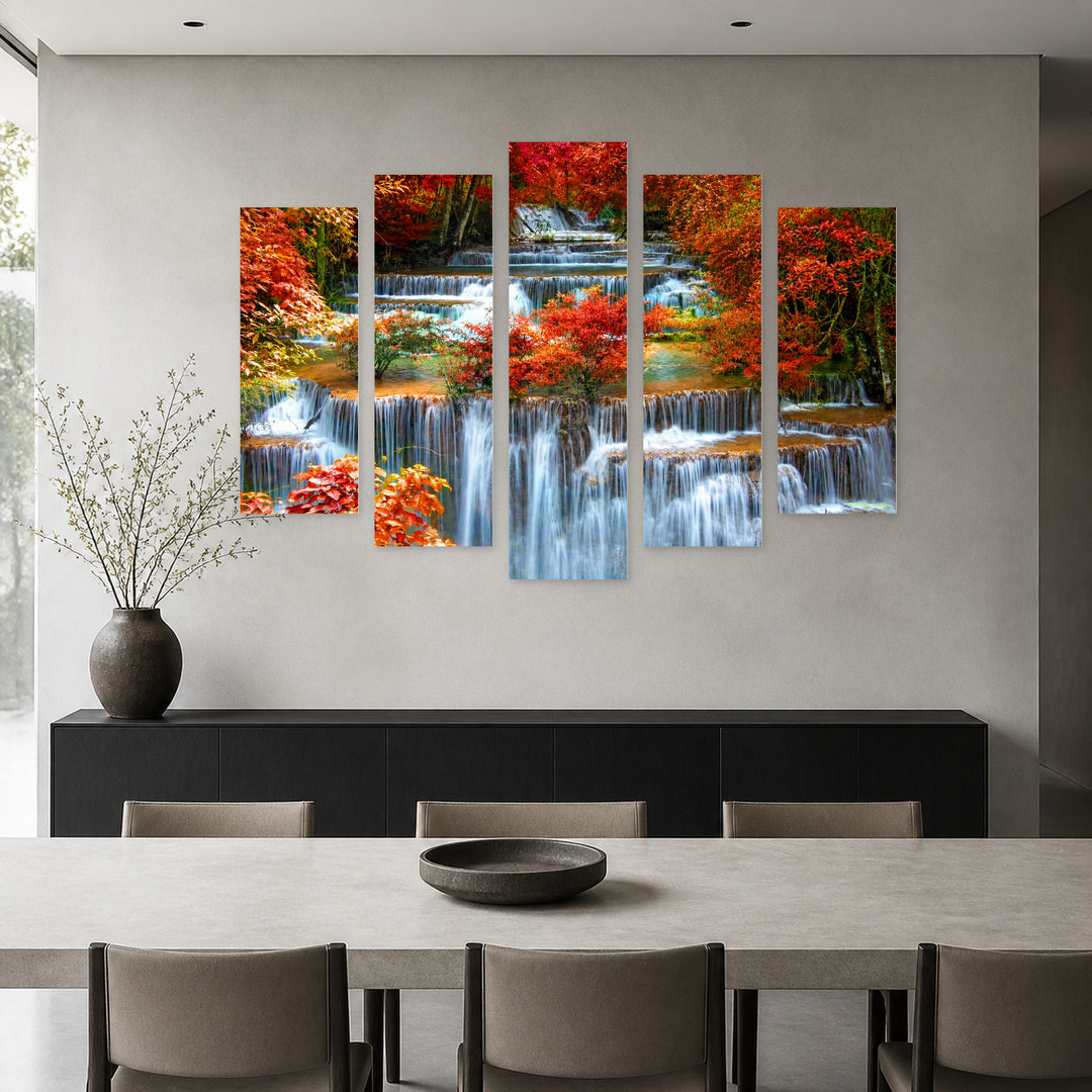 Waterfall in a Colorful Jungle Landscape Study — five-panel wall art in alternate frontal interior | 5wallart 55443 M4