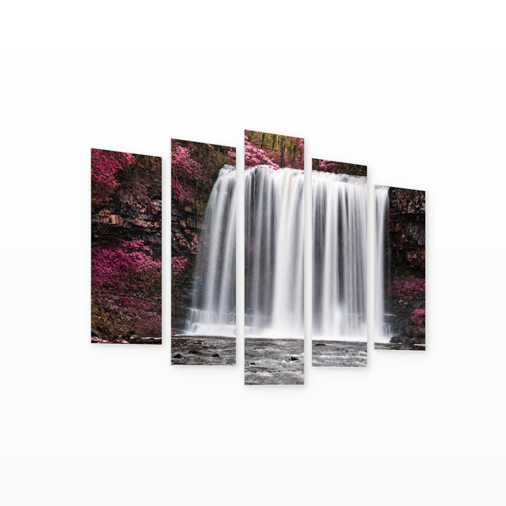 Surreal Waterfall Landscape with Geometric Rhythm — five-panel wall art on white background in perspective | 5wallart 55444 M1