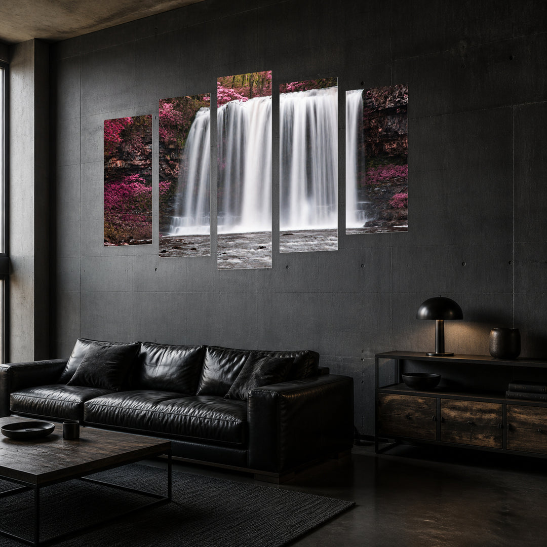 Surreal Waterfall Landscape with Geometric Rhythm — five-panel wall art in perspective interior | 5wallart 55444 M2