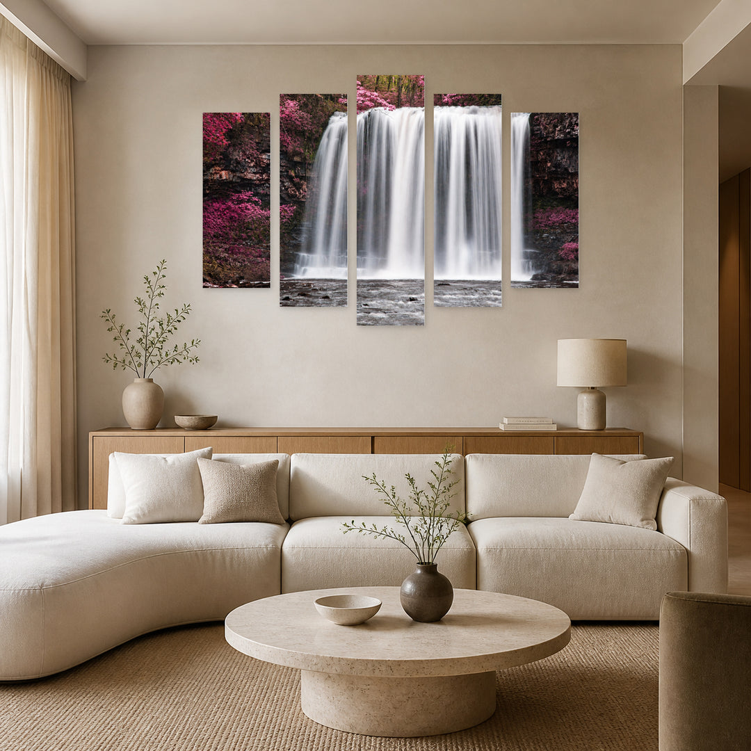 Surreal Waterfall Landscape with Geometric Rhythm — five-panel wall art in alternate frontal interior | 5wallart 55444 M4