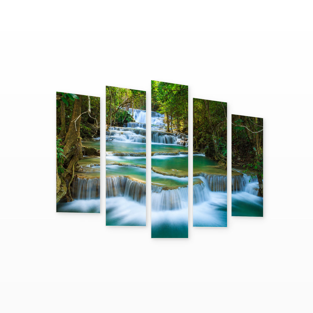 Waterfalls in a Tropical Forest in Vivid Color — five-panel wall art on white background in perspective | 5wallart 55445 M1