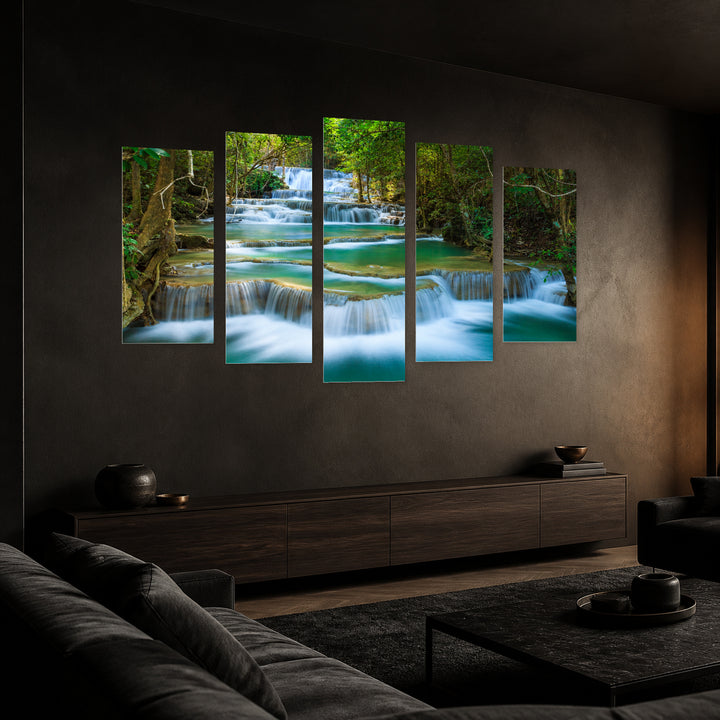 Waterfalls in a Tropical Forest in Vivid Color — five-panel wall art in perspective interior | 5wallart 55445 M2