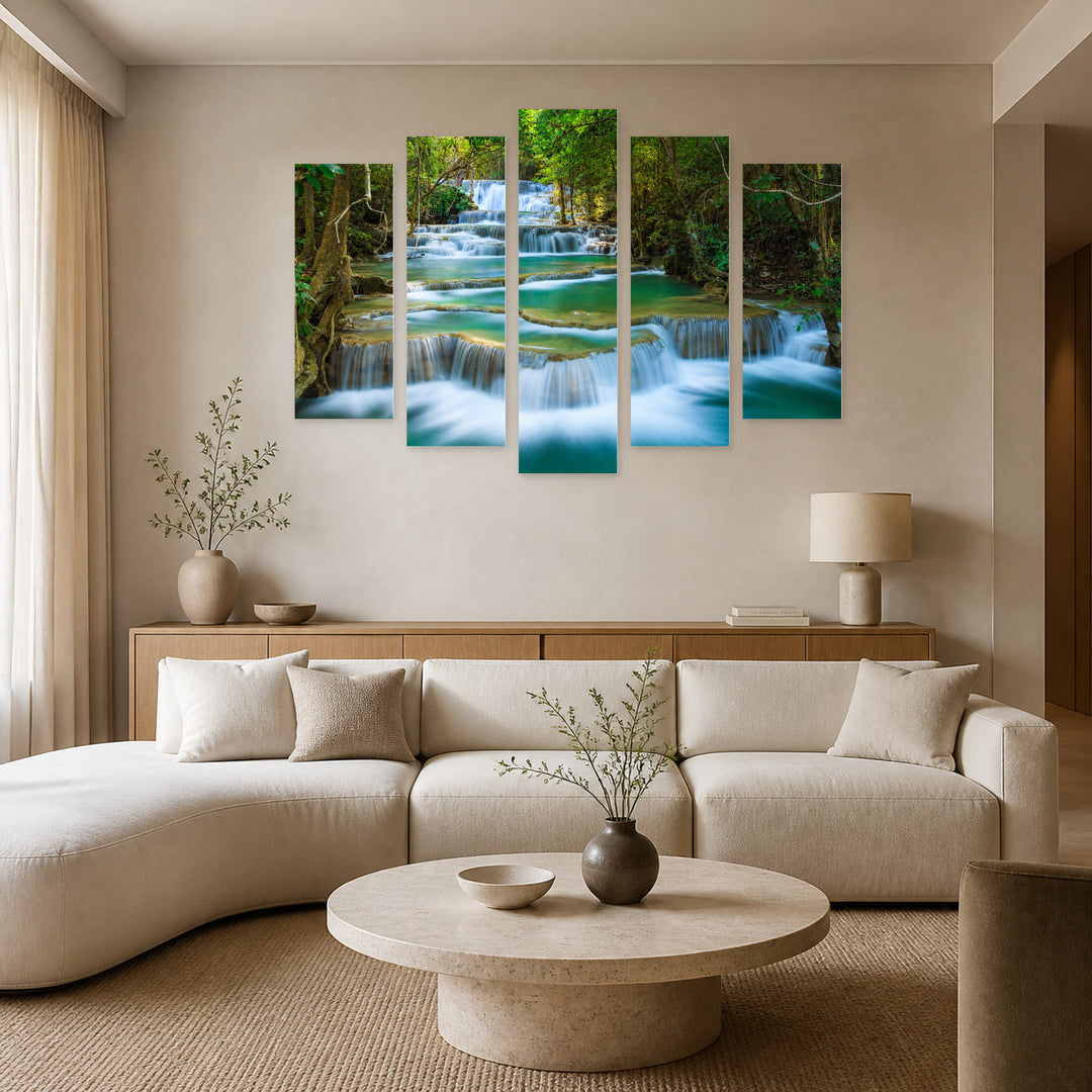 Waterfalls in a Tropical Forest in Vivid Color — five-panel wall art in frontal interior | 5wallart 55445 M3