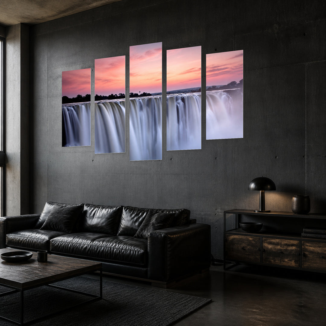 Surreal Waterfall View with Dreamlike Atmosphere — five-panel wall art in perspective interior | 5wallart 55446 M2