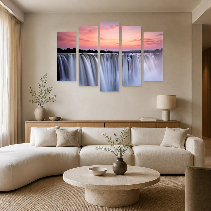 Surreal Waterfall View with Dreamlike Atmosphere — five-panel wall art in alternate frontal interior | 5wallart 55446 M4